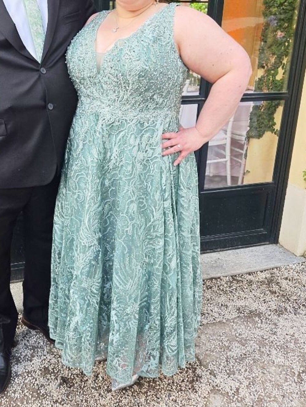 Mac Duggal Sz 20 V-Neck Floral Embroidered A-Line Dress Seafoam Green